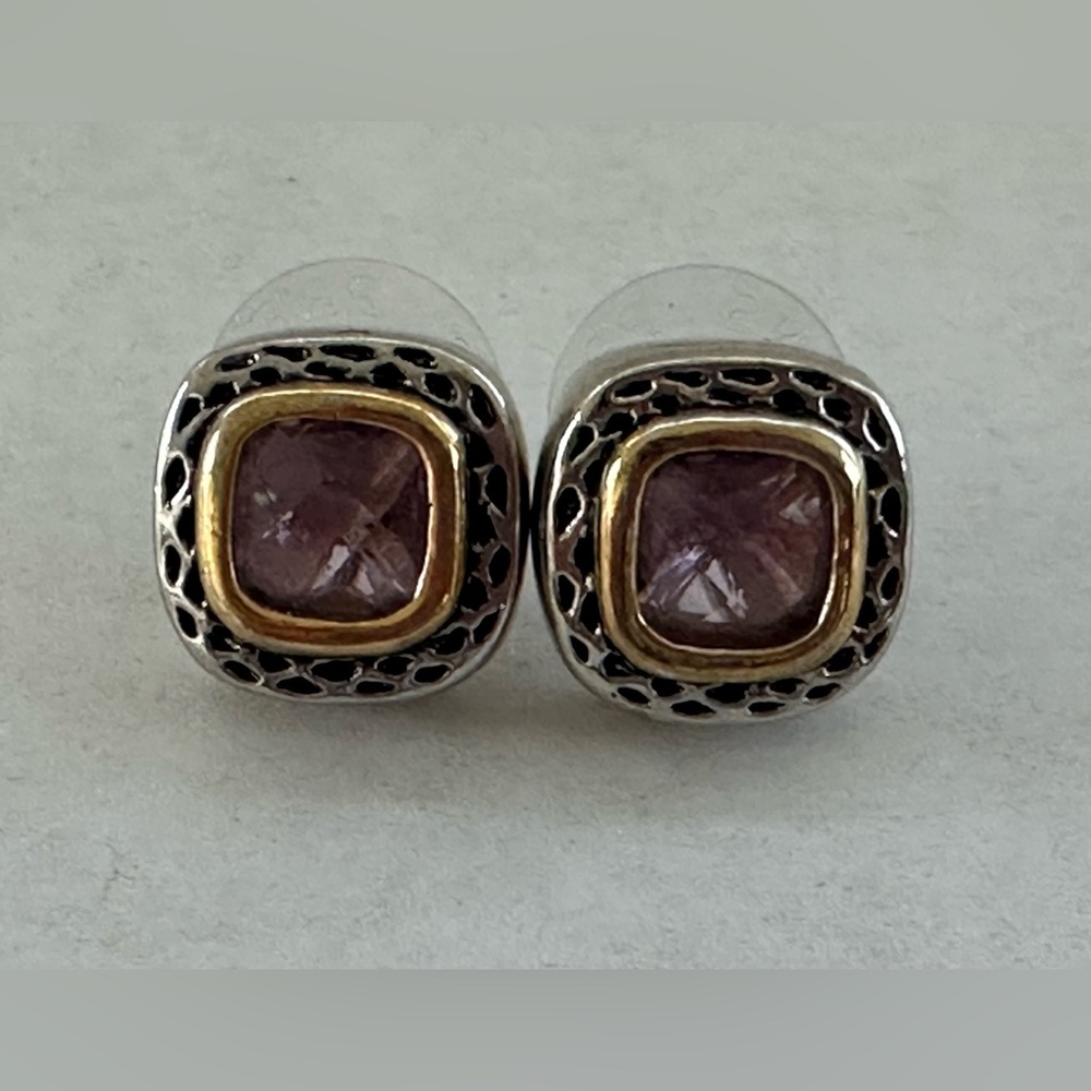 Two-toned Square Stud Premier Design Earrings with Purple Stone - Picture 5 of 12